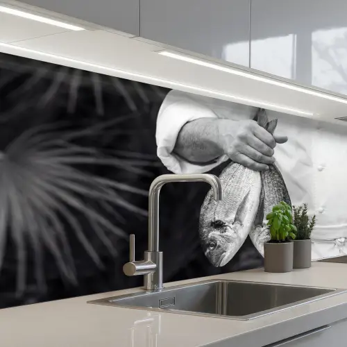 Vissen - Chef - Zwart - Wit keuken achterwand 2 middel -3d_schuin
