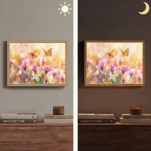 Vlinders - Oranje - Bloemen Light Box met batterij (Wandlamp) middel -sfeer3