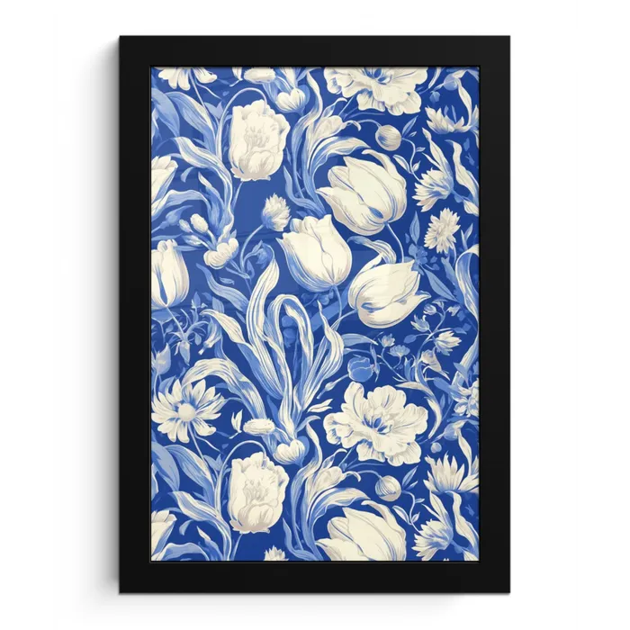 Bloemen - Delfts Blauw - Patroon - Tulp fotolijst zwart zonder passe partout klein -3d