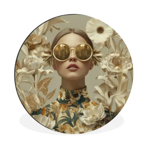Vrouw - Bloemen - Zonnebril - Wit Wandcirkel aluminium klein -3d