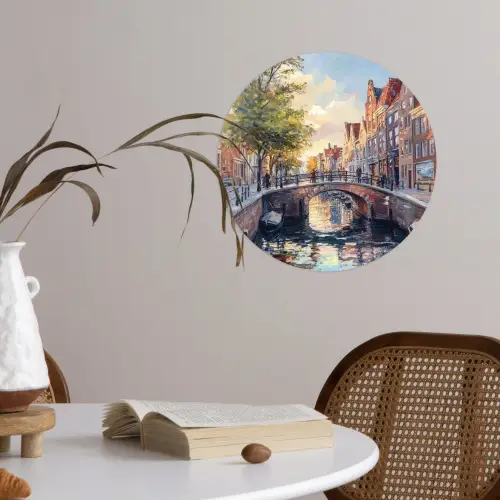 Brug - Stad - Huizen - Boot Wandcirkel behangsticker klein -sfeer3