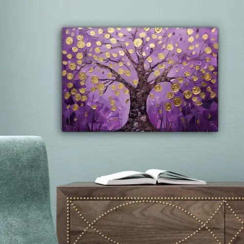 Levensboom - Boom - Paars - Goud - Modern canvas 2cm klein -sfeer4