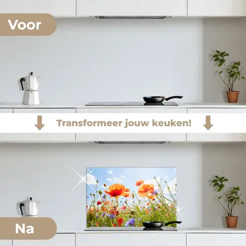 Bloemen - Klaproos - Lente - Natuur - Rood - Blauw keuken achterwand spatscherm klein -voor_na_NL