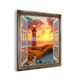 Doorkijk - Raam - Vuurtoren - Zonsondergang - Strand aluminium wit klein -3d