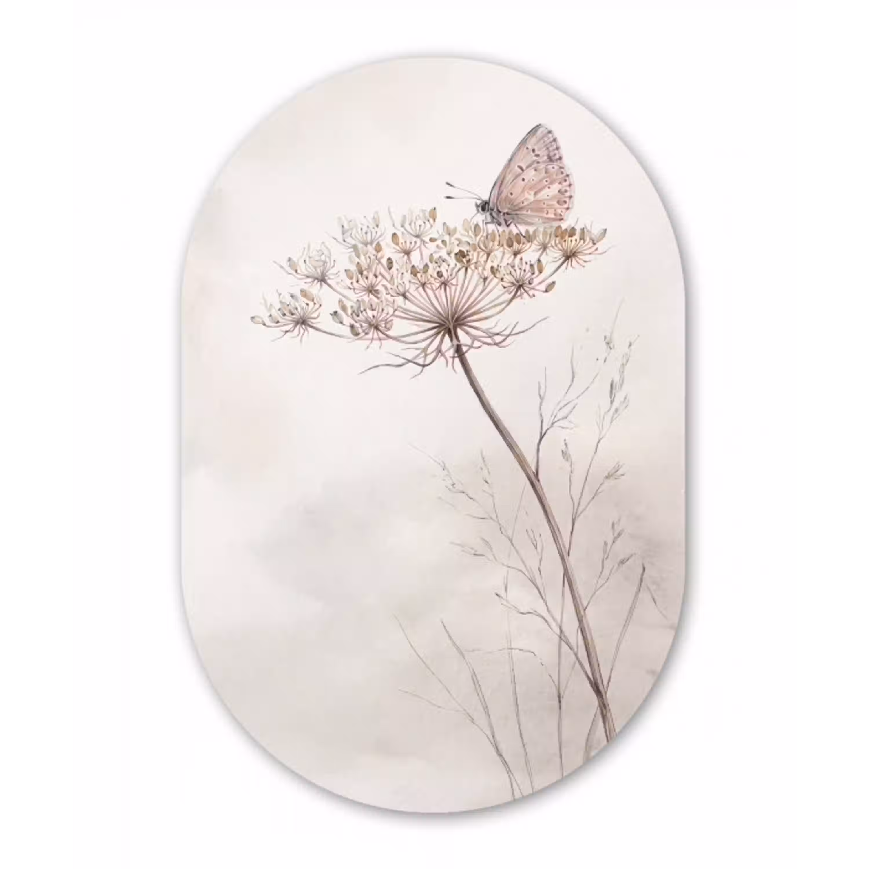 Vlinder - Bloem -Natuur - Beige Wandcirkel Ovaal Aluminium middel -3d