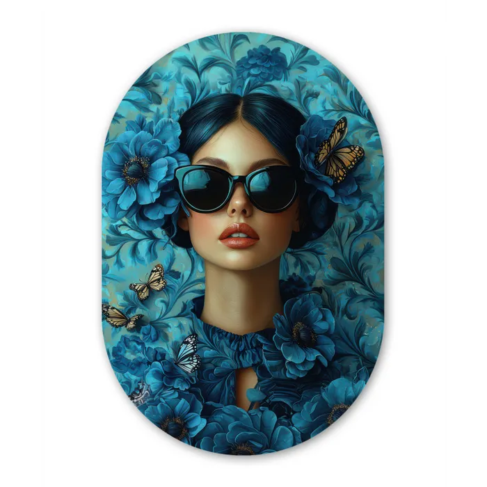 Vrouw - Bloemen - Vlinders - Blauw - Abstract Wandcirkel Ovaal Glas middel -3d