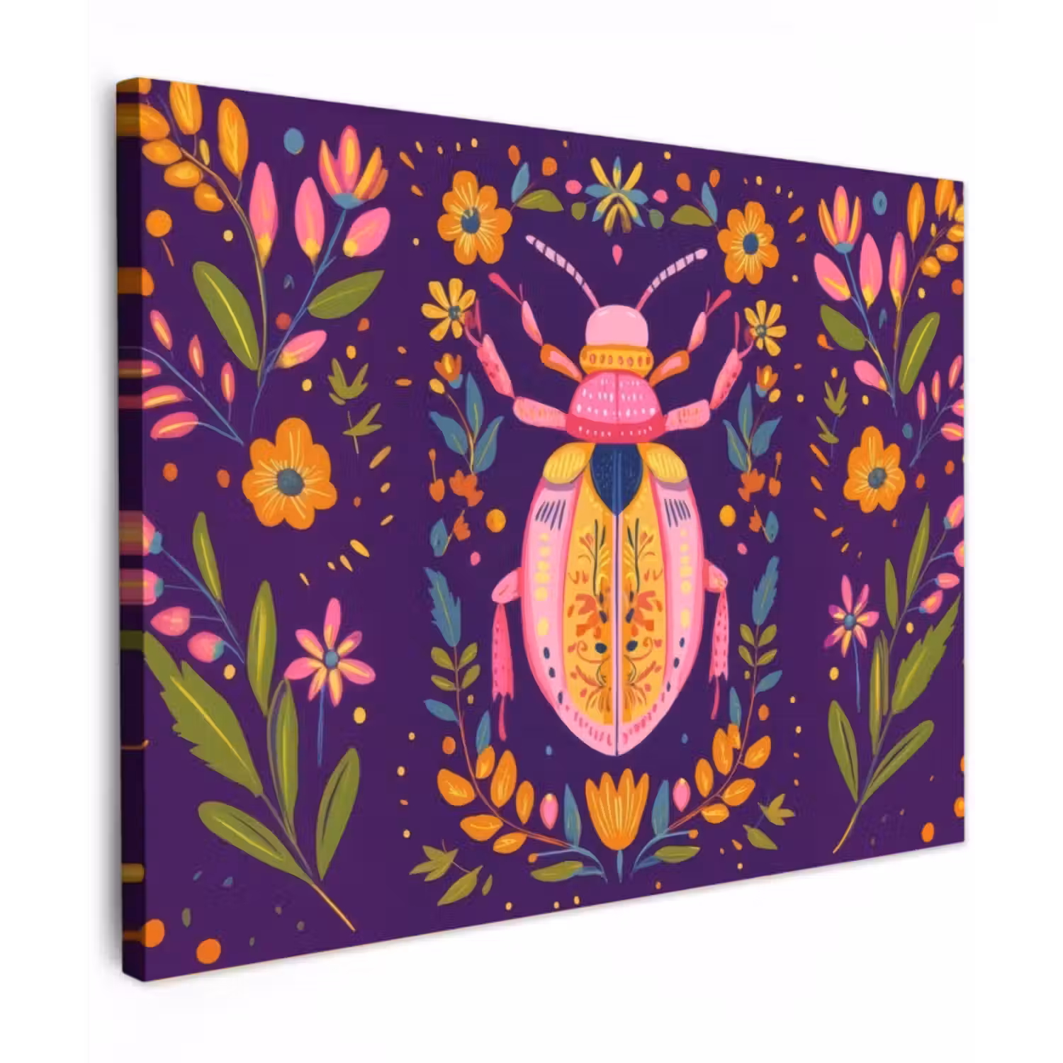 Canvas schilderij - Kever - Felgekleurd - Bloemen - Bladeren