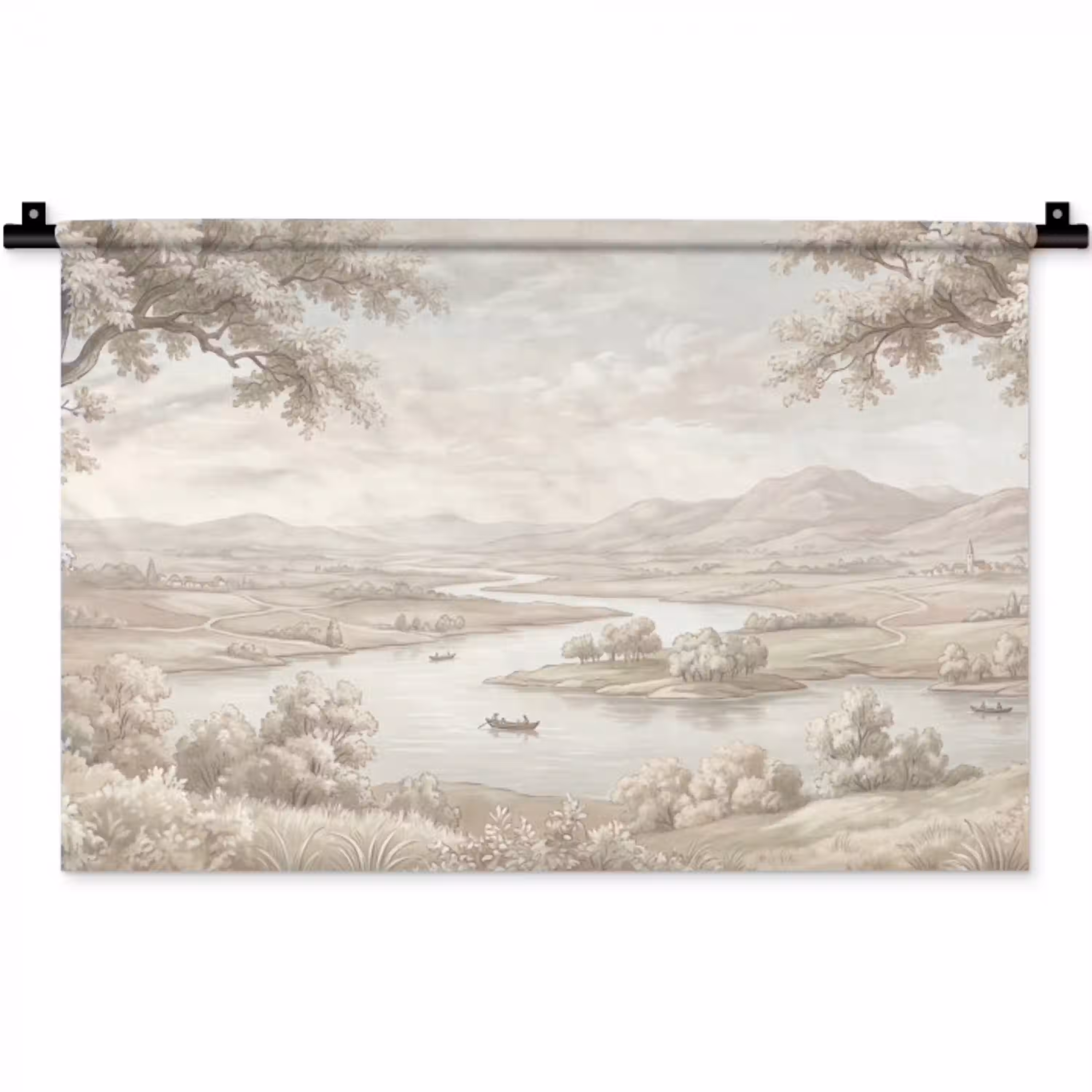Rivierlandschap - Bergen - Natuur - Vintage - Beige Wandkleed katoen klein -zz3d