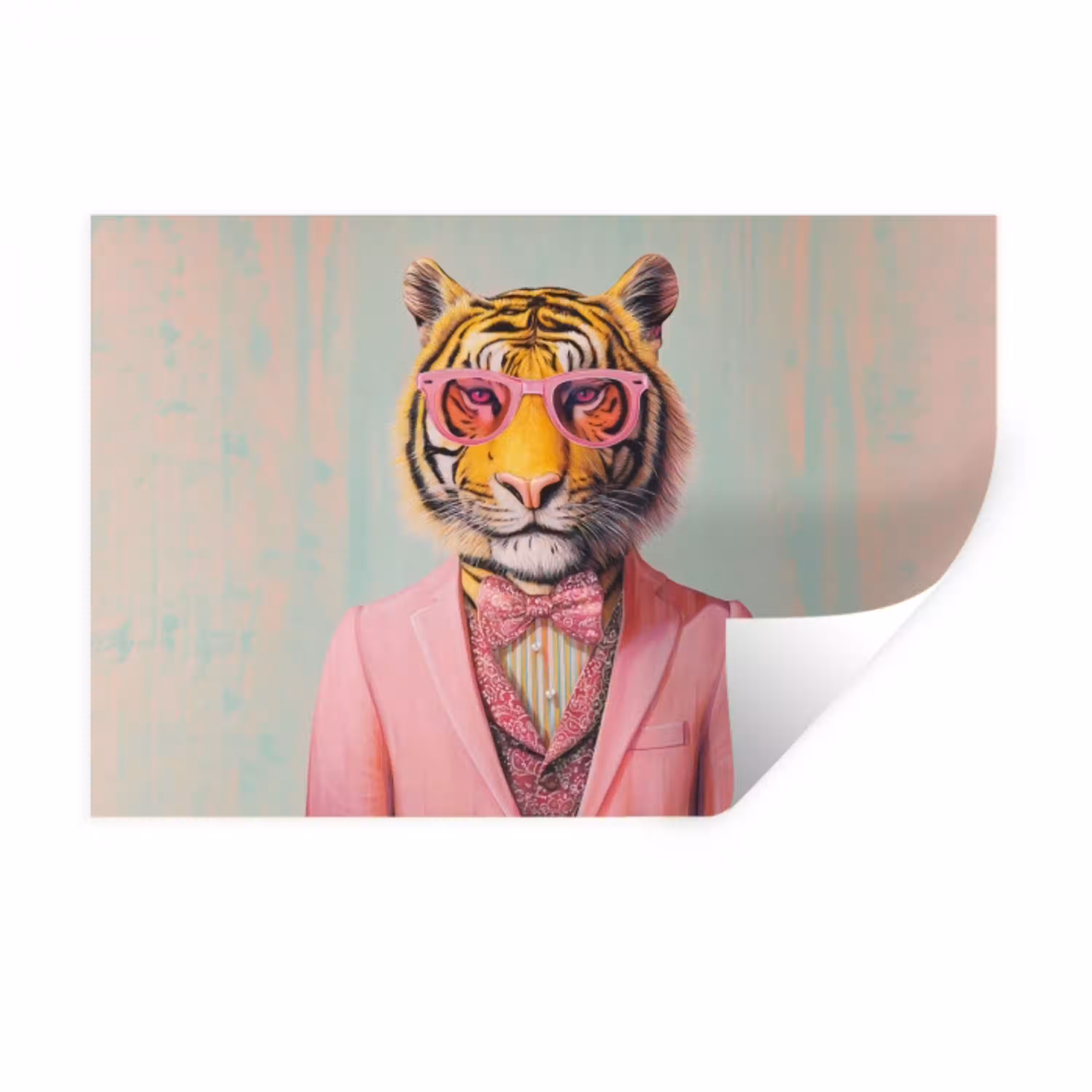 Tijger - Strik - Jasje - Roze Muursticker klein -3d