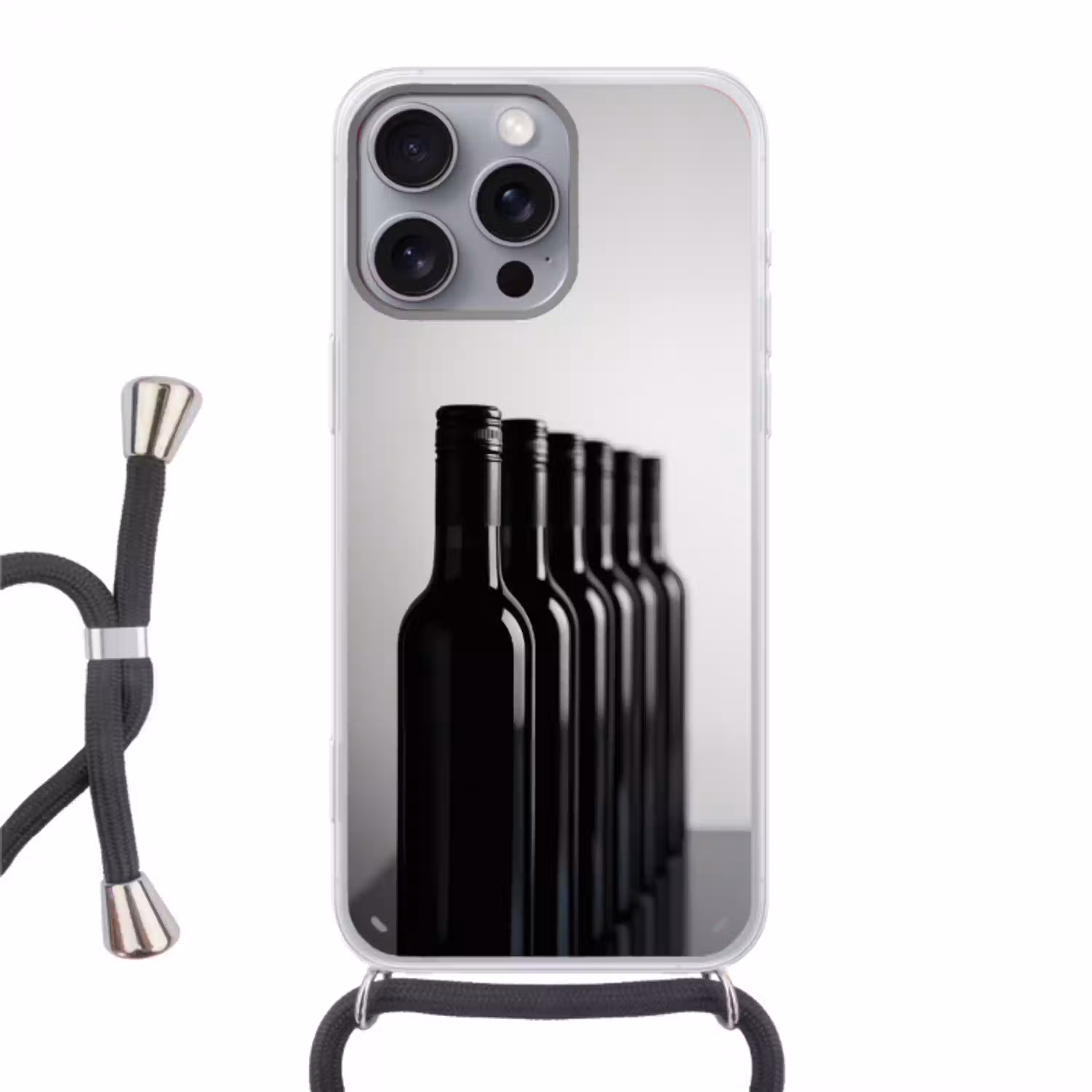 Wijnflessen - Zwart - Minimalistisch Hoesje iPhone 16 Pro Max met koord klein -3d