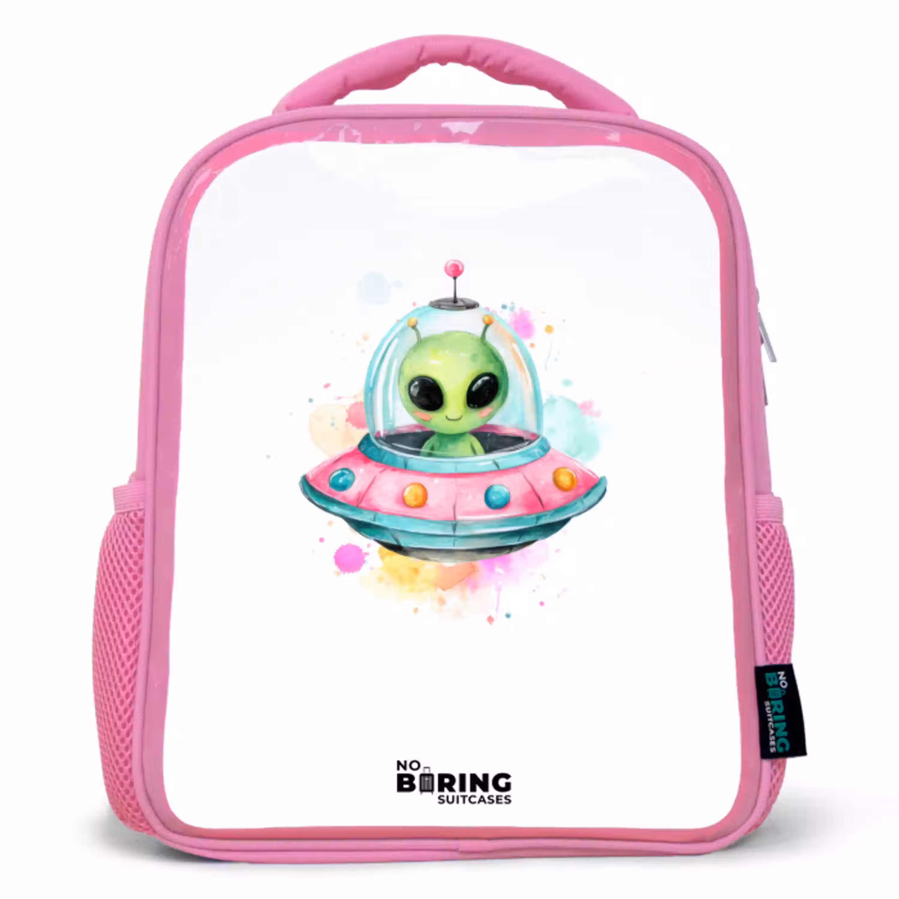 Groene alien in kleurrijke UFO Kinderrugzak - Roze middel -3d