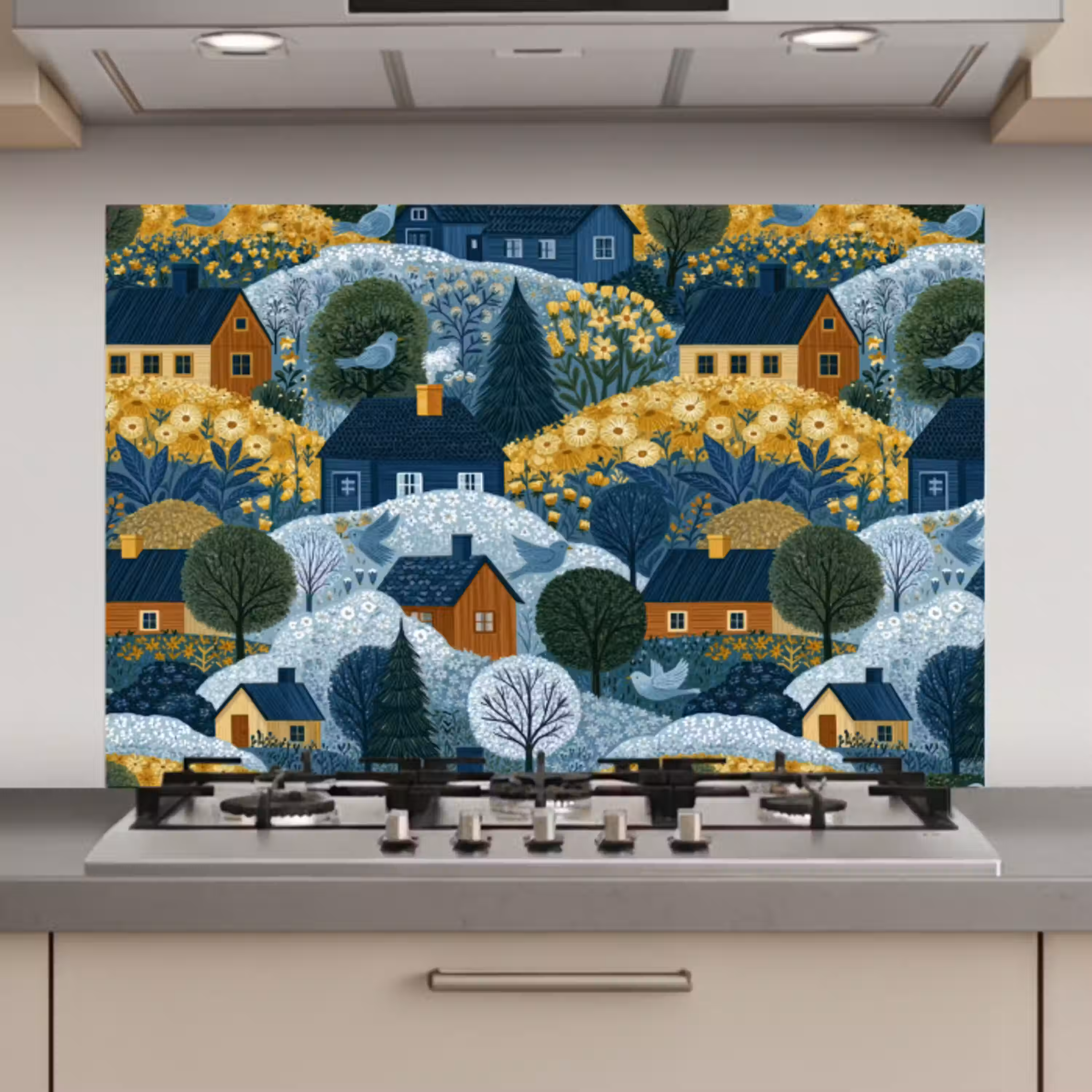 Huisjes - Bloemen - Patroon - Geel - Blauw keuken achterwand spatscherm klein 900 -3d_website