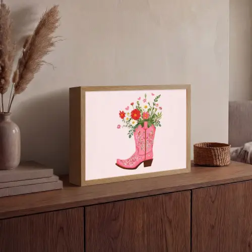 Cowboylaarzen - Roze - Boeket - Bloemen Light Box met batterij (Wandlamp) middel -sfeer2