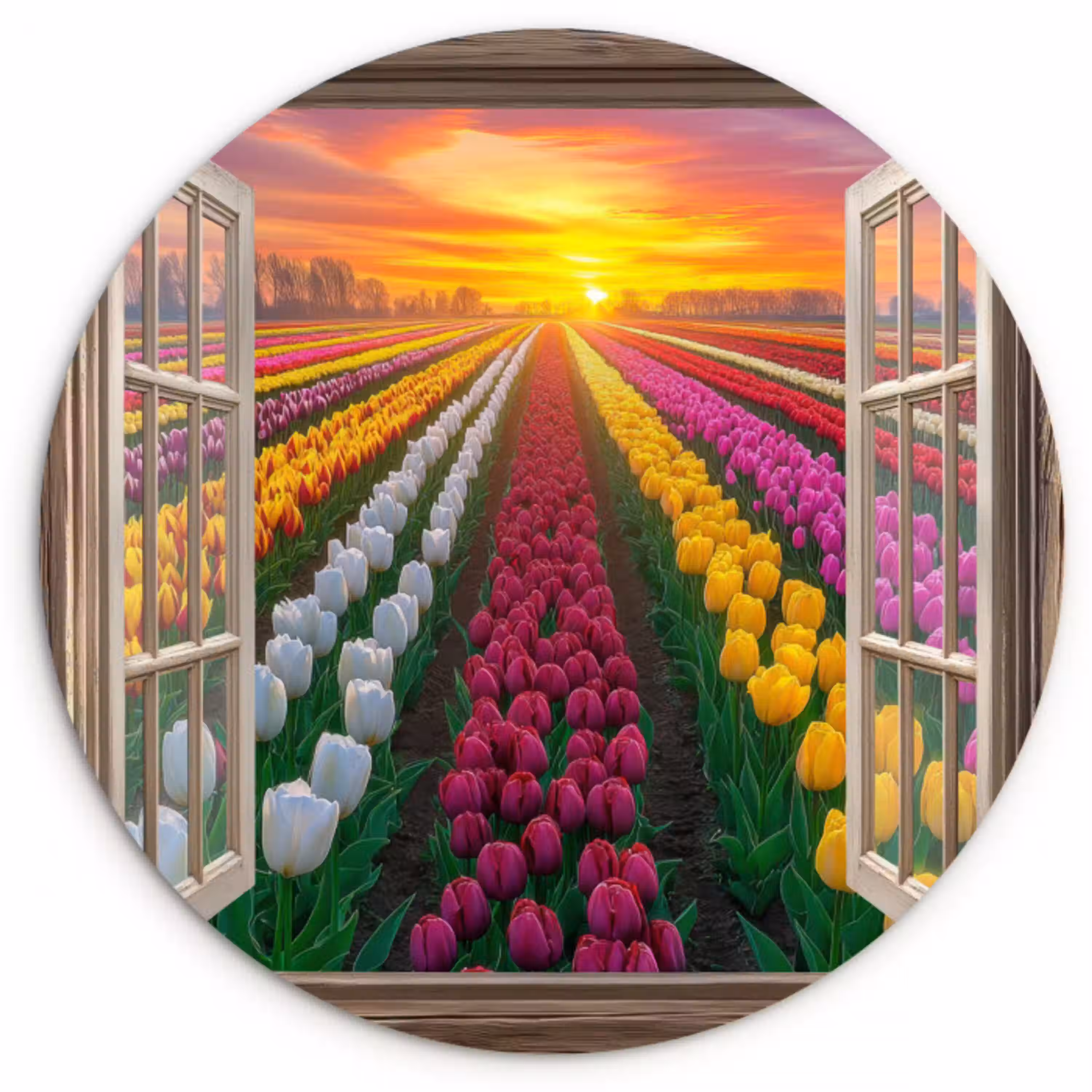 Doorkijk - Bloemen - Tulpen - Kleurrijk - Zonsondergang Wandcirkel kunststof plaat 5mm dik klein -3d