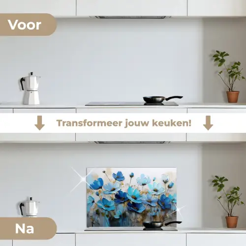 Bloemen - Schilderij - Blauw keuken achterwand spatscherm klein -voor_na_NL