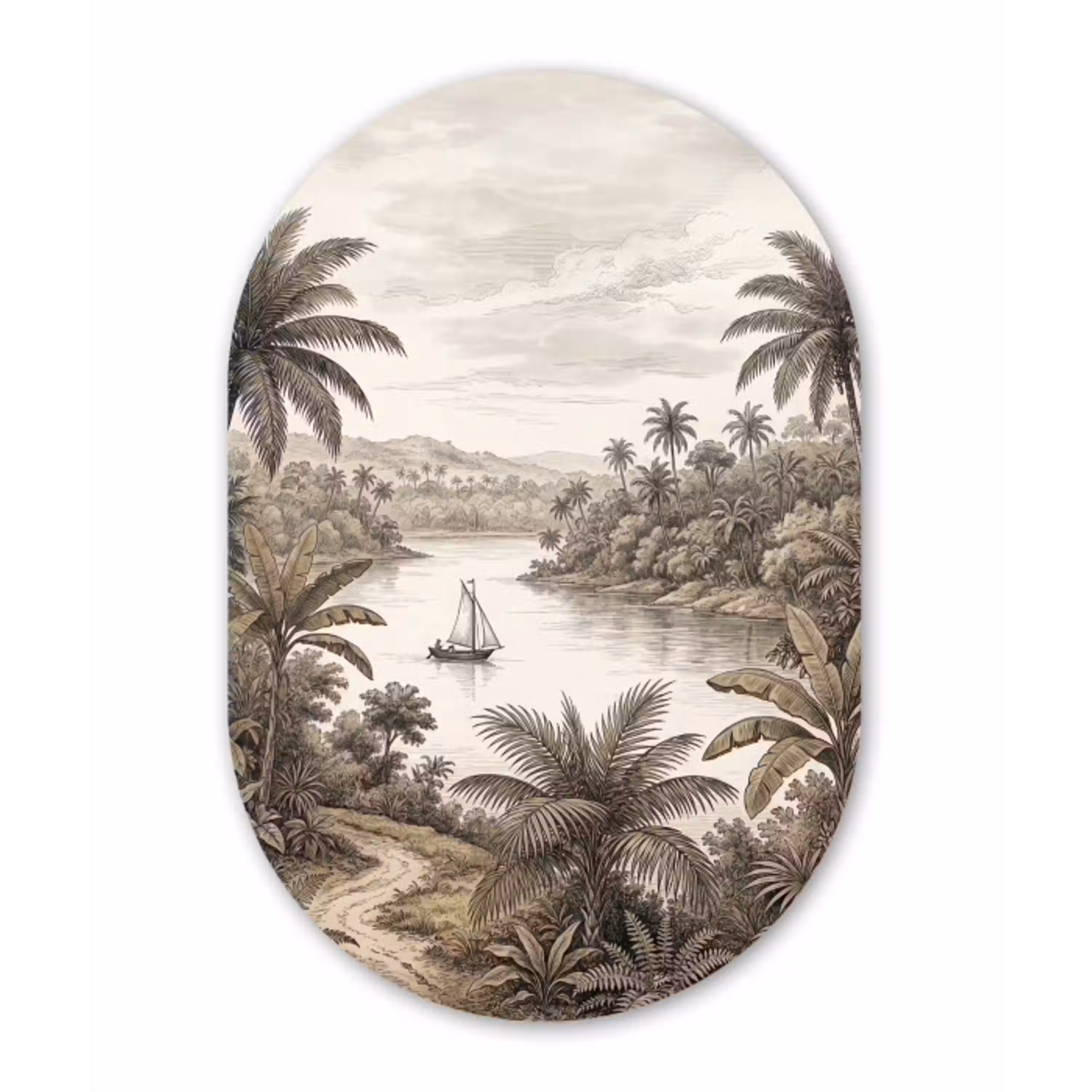 Landschap - Rivier - Boot - Tropisch - Vintage Wandcirkel Ovaal Aluminium middel -3d
