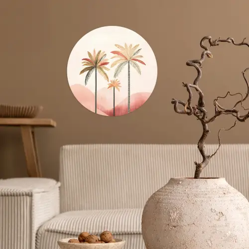 Palmbomen - Heuvels - Minimalistisch - Zachtroze Wandcirkel behangsticker klein -sfeer1