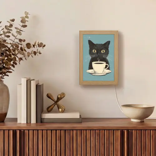 Kat - Zwart - Koffie - Minimalistisch Light Box met kabel (Tafellamp) klein -sfeer2