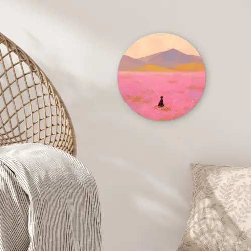Bloemenweide - Heuvels - Silhouet - Roze Wandcirkel kunststof plaat 5mm dik klein -sfeer5