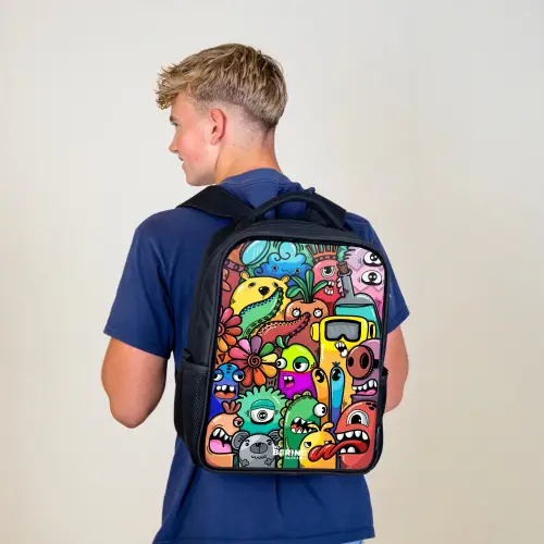 Expressief en druk patroon met monsters Rugzak - Zwart middel -sfeer8