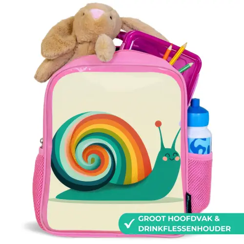 Slak - Regenboogschild - Groen Kinderrugzak - Roze middel -inhoud_NL