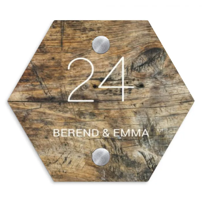 Verweerd hout - Klassiek Naambord Hexagon klein -3d