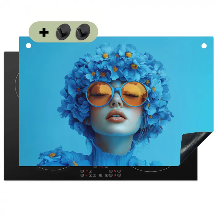 Vrouw - Bloem - Blauw - Modern - Bril - Portret Inductie beschemer met haakjes klein -3d