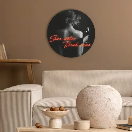 Wijn - Vrouw - Neon - Quote Akoestische PET Vilt - Rond klein -sfeer1