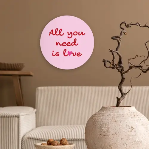 Tekst - Roze - Love - Hart Wandcirkel kunststof plaat 5mm dik klein -sfeer1
