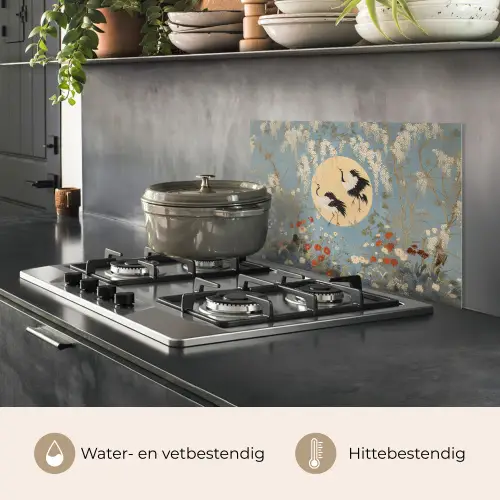 Kraanvogels - Maan - Bloemen - Blauw keuken achterwand spatscherm klein -usp_NL