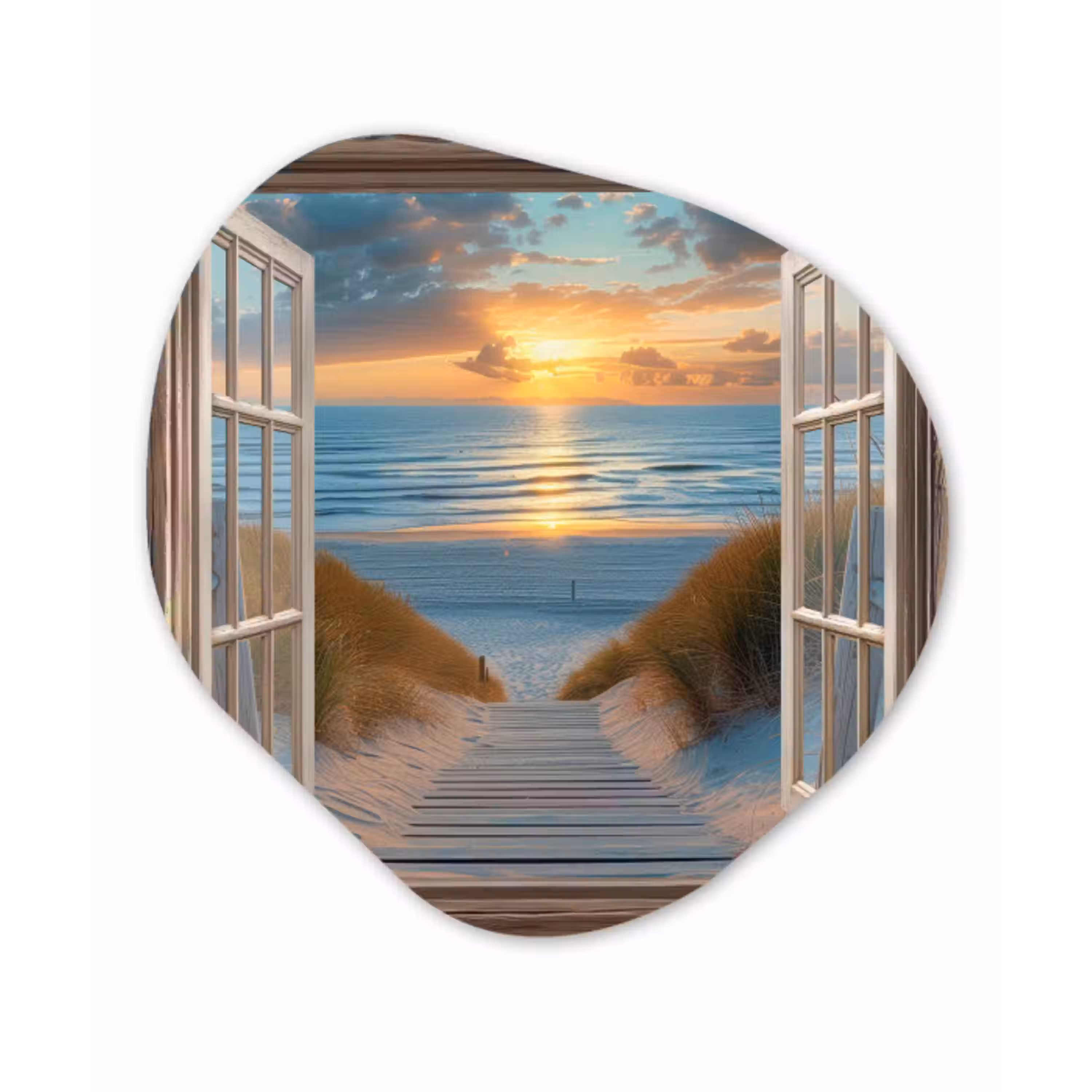 Doorkijk - Strand - Pad - Zonsondergang Wandcirkel Organisch Aluminium middel -3d