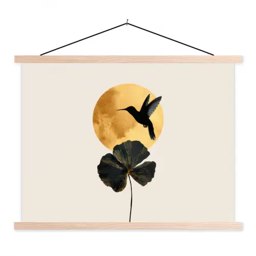 Zwarte kolibrie - Bloem - Gouden cirkel textielposter latten blank klein -3d