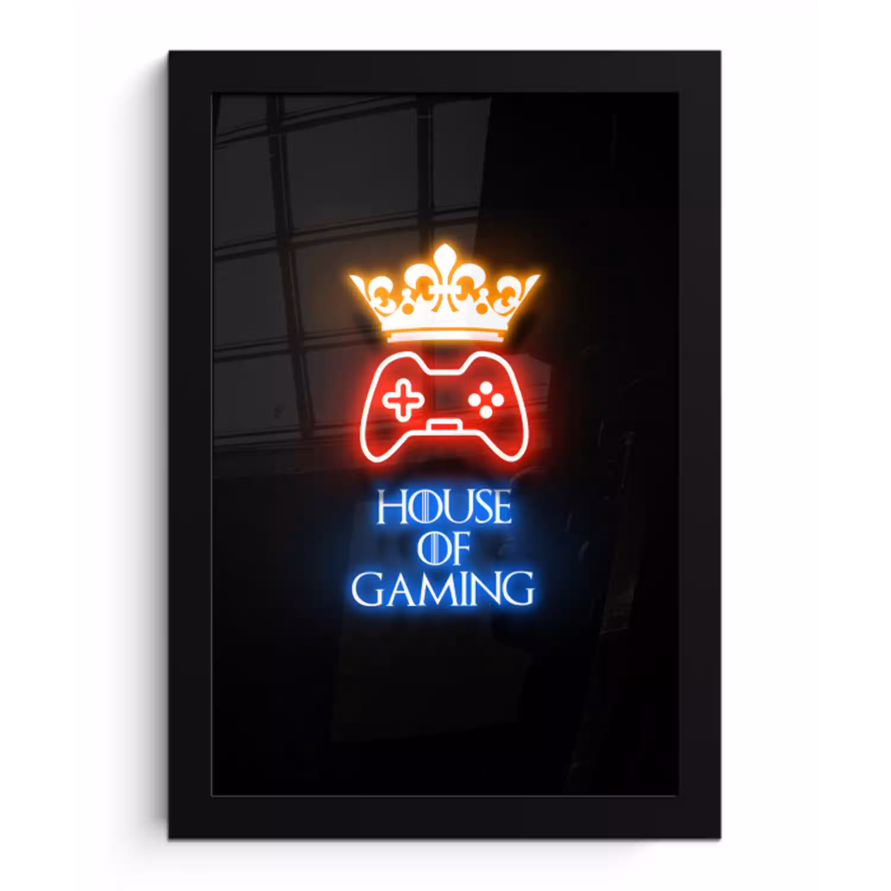 Gaming quotes - Neon - House of gaming - Kroon - Tekst fotolijst zwart zonder passe partout klein -3d