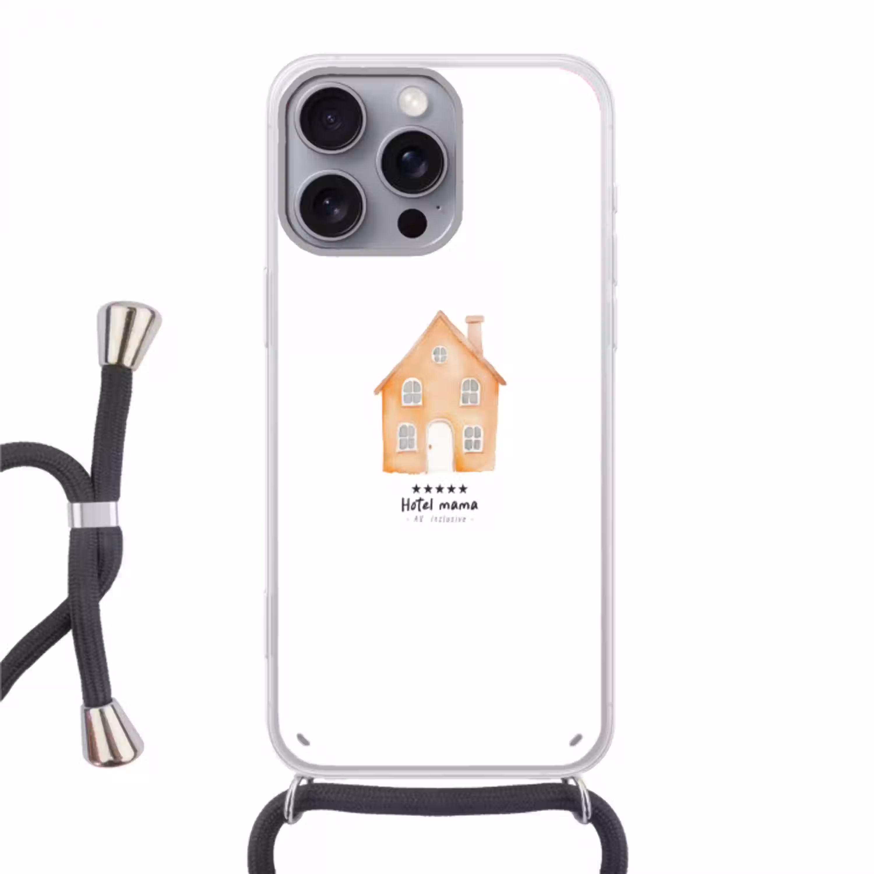 Oranje - Huisje - Quote - Hotel Hoesje iPhone 16 Pro Max met koord klein -3d