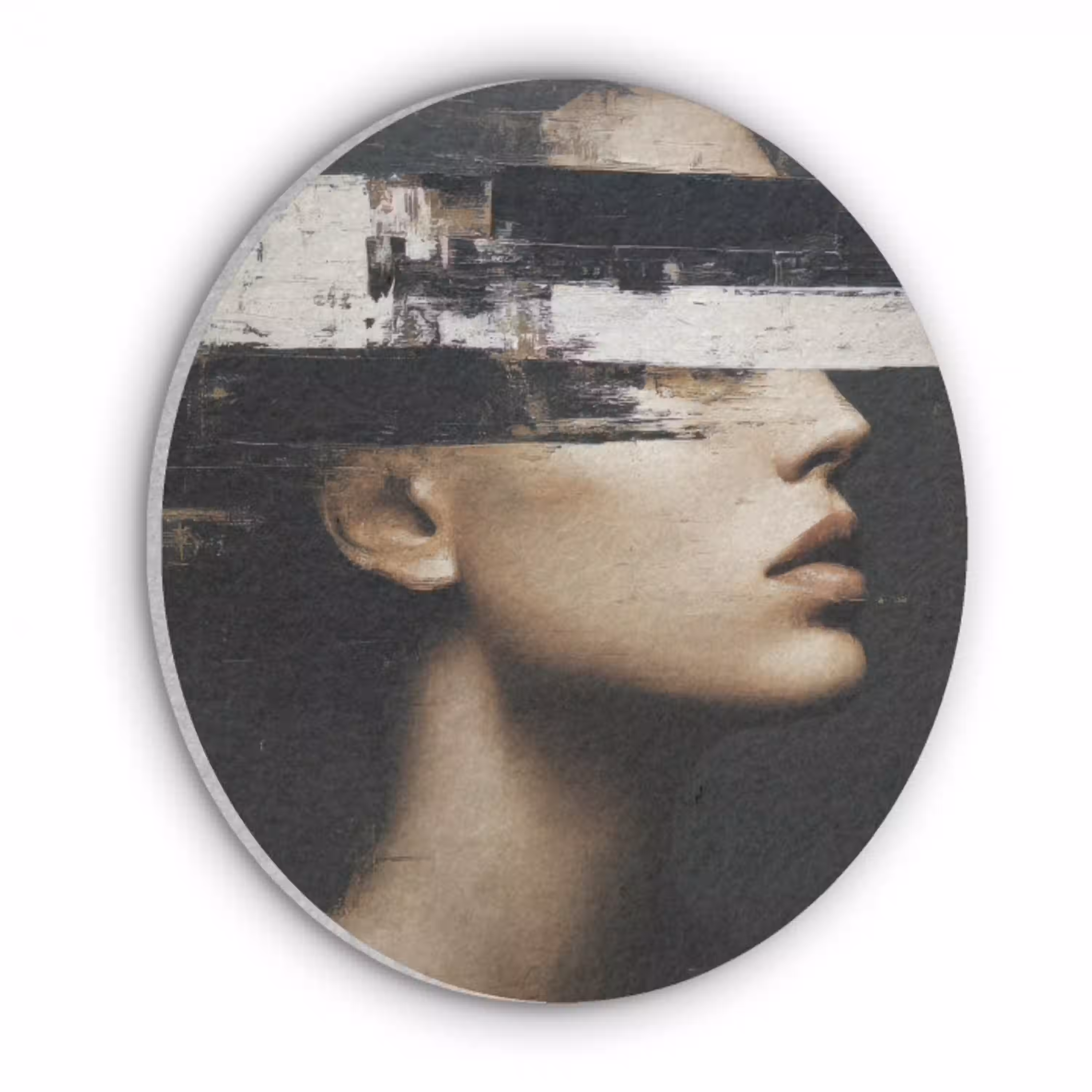 Gezicht - Vrouw - Zwart - Abstract Akoestische PET Vilt - Rond klein -3d