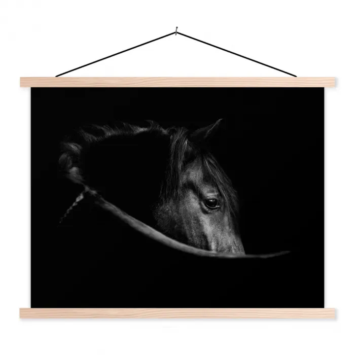 Paarden - Portret - Zwart - Dieren textielposter latten blank klein -3d