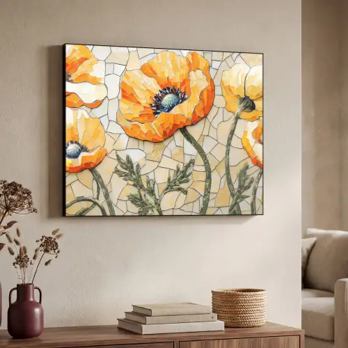 Klaprozen - Oranje - Mozaïek - Bladeren Textielframe zwart klein -sfeer3