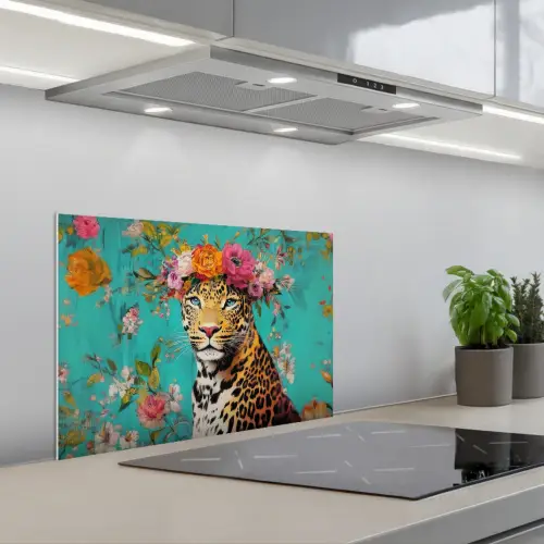 Luipaard - Bloemen - Kroon keuken achterwand spatscherm klein -3d_schuin