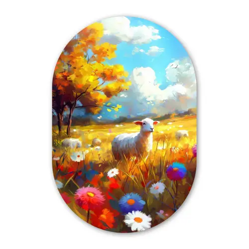 Schaap - Weide - Bloemen Wandcirkel Ovaal Forex klein -3d