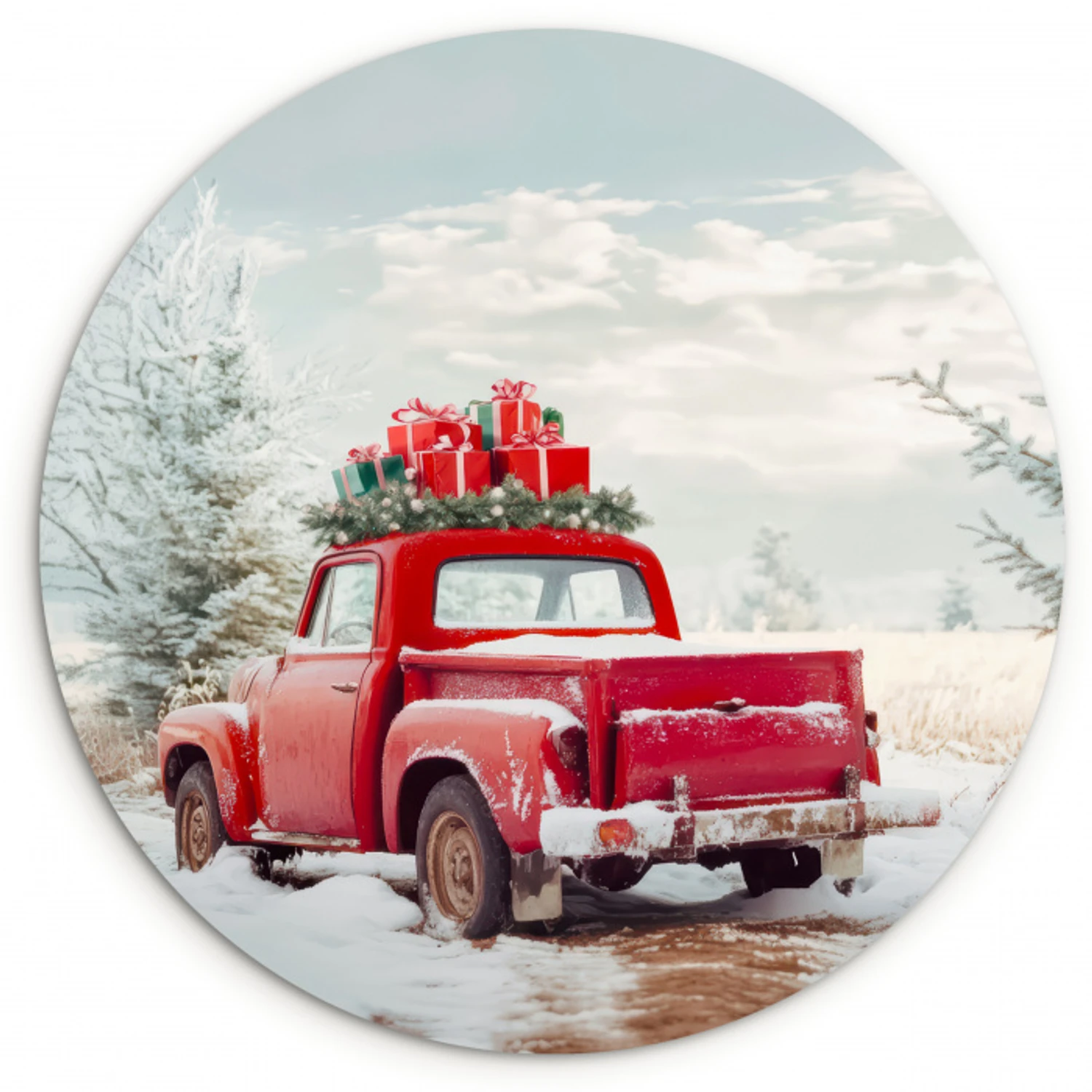 Auto - Rood - Cadeaus - Winter - Sneeuw - Kerst Wandcirkel kunststof plaat 5mm dik klein -3d
