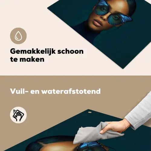 Vrouw - Vlinder - Bril - Blauw - Modern - Portret Inductie beschemer met haakjes klein -ky-schoon-nl