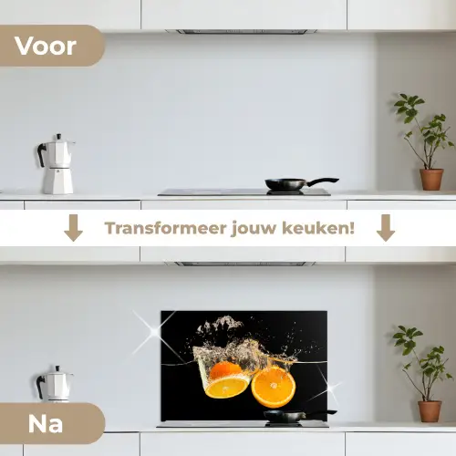 Sinaasappel - Stilleven - Water - Zwart - Fruit keuken achterwand spatscherm klein -voor_na_NL