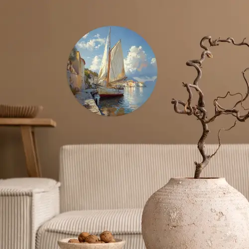 Zeilschip - Huizen - Kade - Zee Wandcirkel behangsticker klein -sfeer1