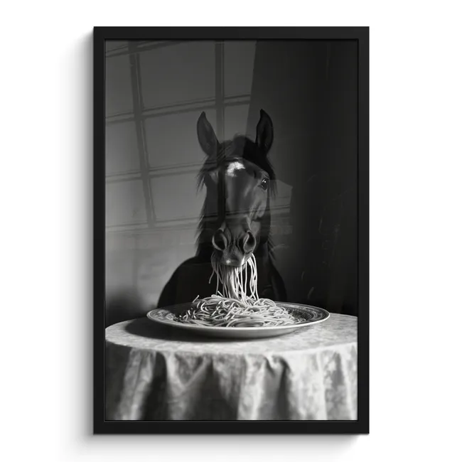 Poster met lijst - Paard - Bord - Pasta - Tafelkleed - Zwart Wit - Dieren