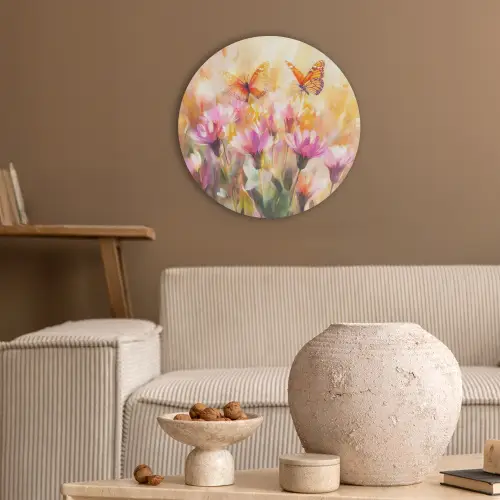 Vlinders - Oranje - Bloemen Akoestische PET Vilt - Rond klein -sfeer1