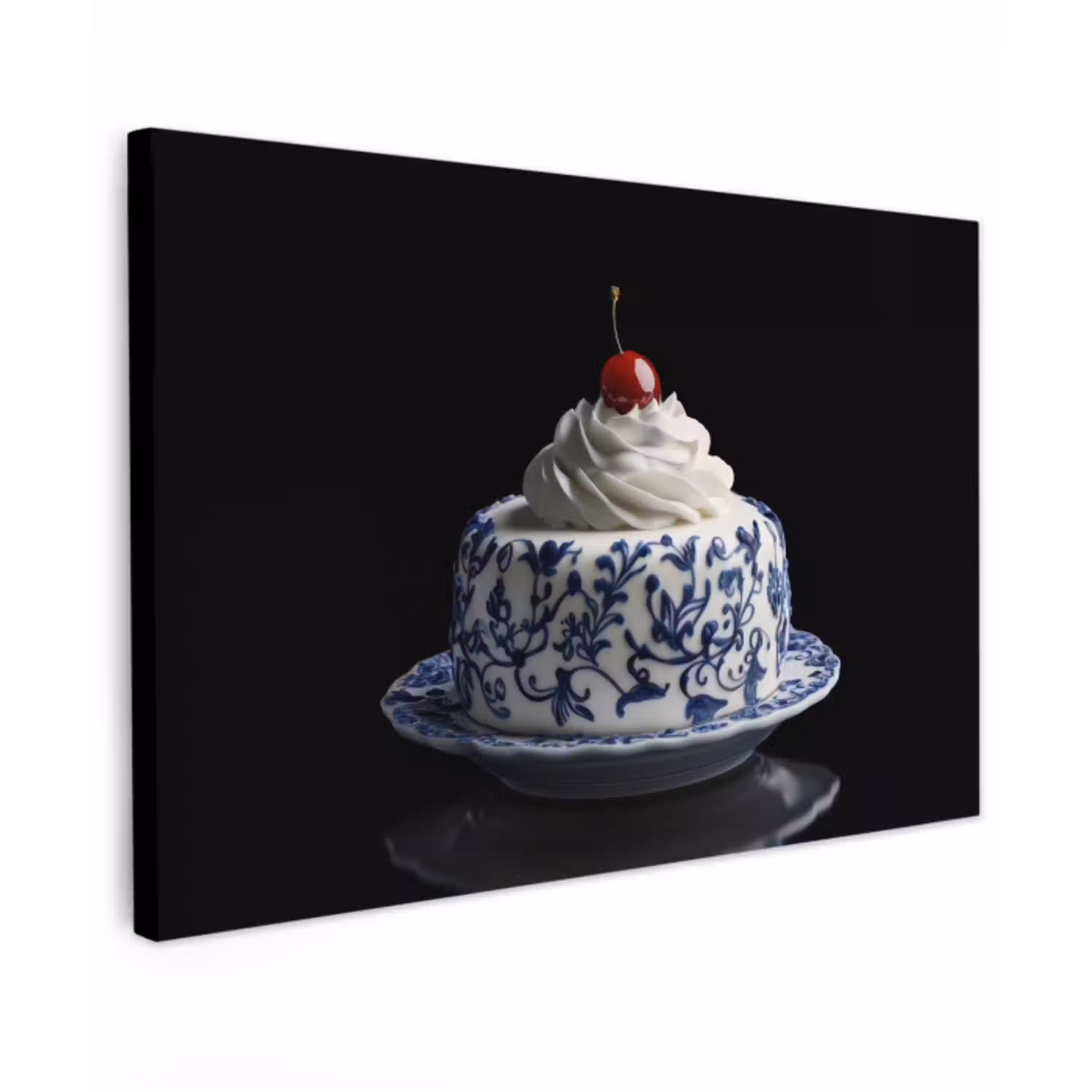 Taart - Slagroom - Kers - Bord - Delfts blauw Tuinposter op houten frame 2 cm dik klein -3d