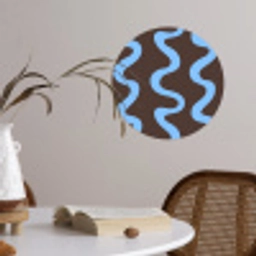 Kronkelende lijnen - Blauw - Bruin - Minimalistisch Wandcirkel behangsticker klein 186 -sfeer3