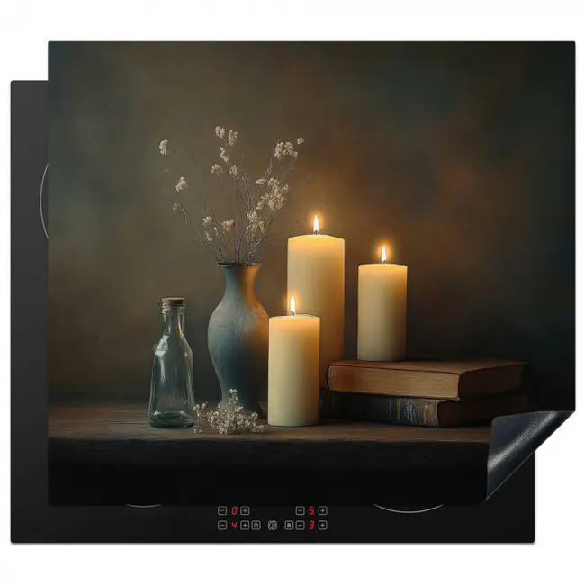 Kaarsen - Stilleven - Rustiek - Boeken Inductie beschermer vinyl 3mm middel -3d