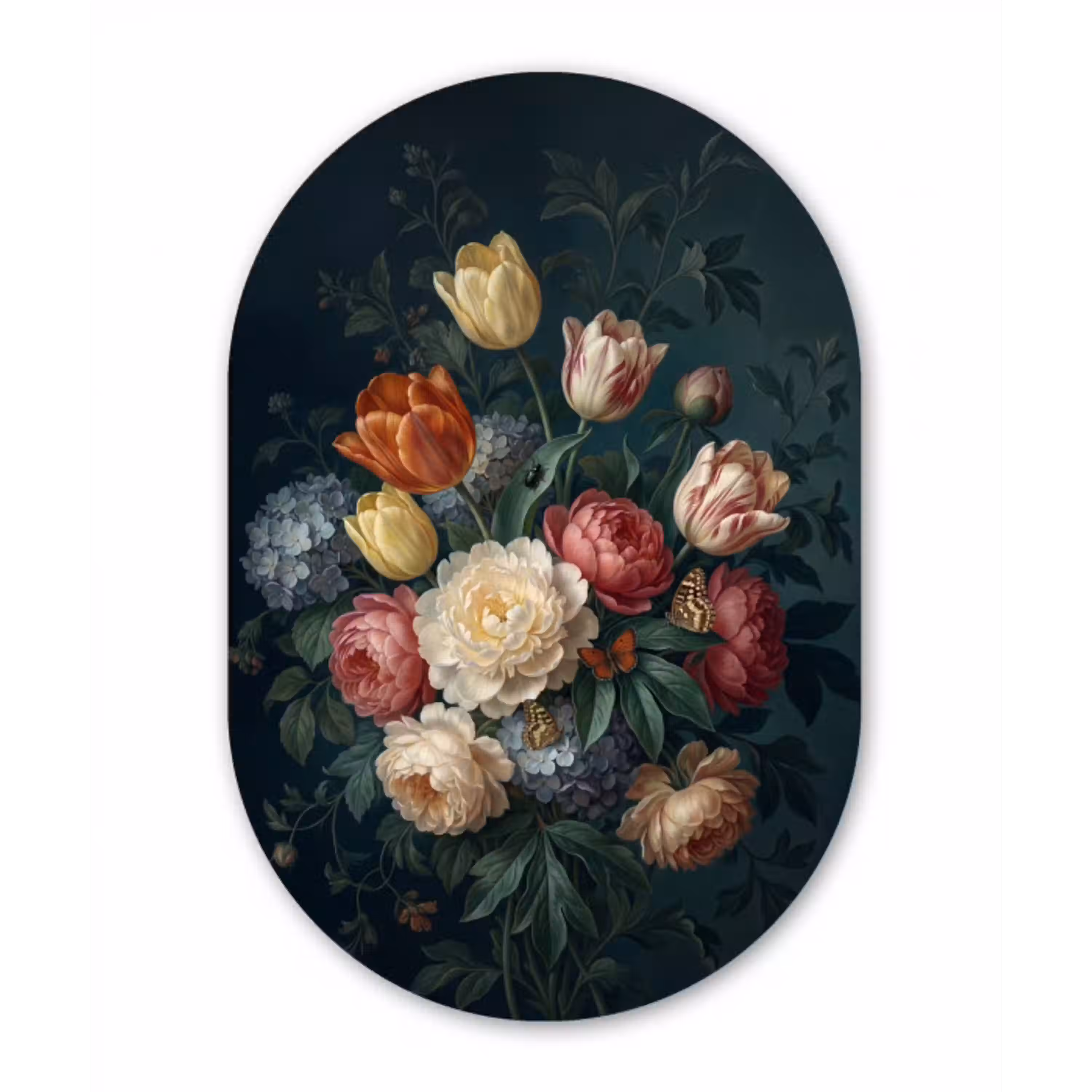Bloemen - Boeket - Natuur - Klassiek - Donker Wandcirkel Ovaal Aluminium middel -3d