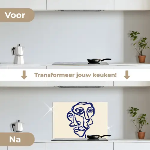 Lijntekening - Overlappende gezichten - Donkerblauw keuken achterwand spatscherm klein -voor_na_NL